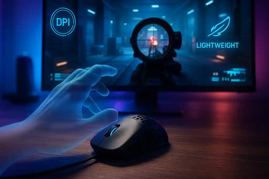 FPSゲームを背景に、軽量設計のゲーミングマウスが手前に置かれた臨場感ある構成の画像。エイム精度の重要性を視覚的に示す。