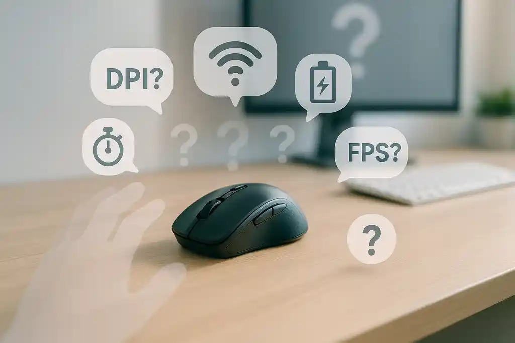 中央にゲーミングマウスが置かれ、DPIや無線性能などの疑問を象徴するアイコンが周囲に浮かぶ構成。購入前の迷いを表現した画像。