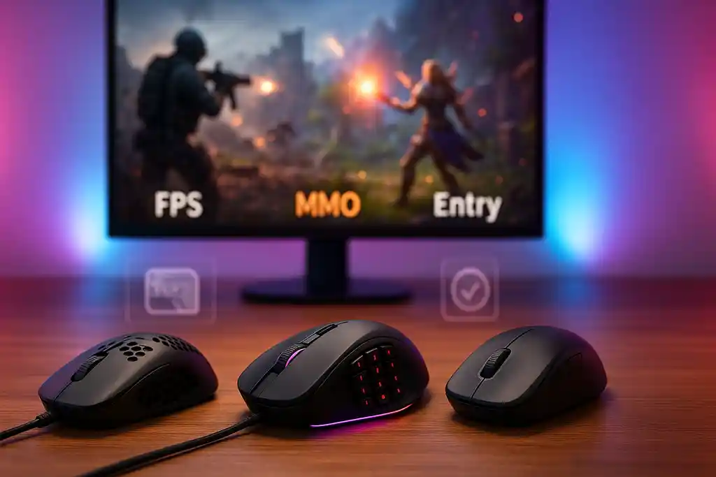 FPS・MMO・エントリー向けの3種類のゲーミングマウスが用途別に並び、背景に各ジャンルのゲーム画面が映る画像