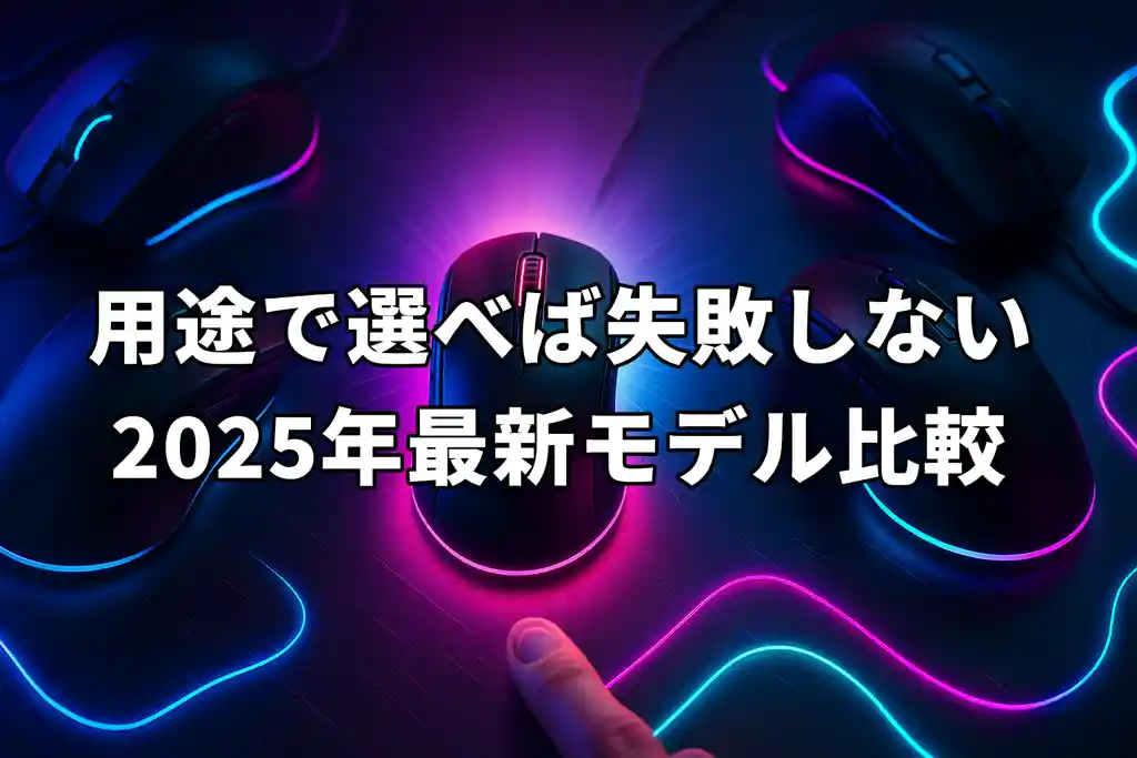 選択肢として並んだ複数のゲーミングマウスの中で、中央のマウスだけがネオンに輝いて強調されているサイバーパンク風のデザイン画像。