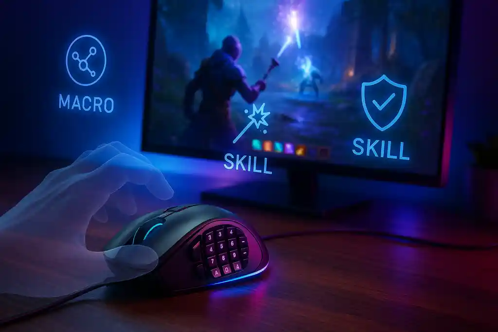 MMORPGのプレイ中に多ボタン付きゲーミングマウスを操作している様子を表現した画像。スキルやマクロ操作の重要性が伝わる構成。