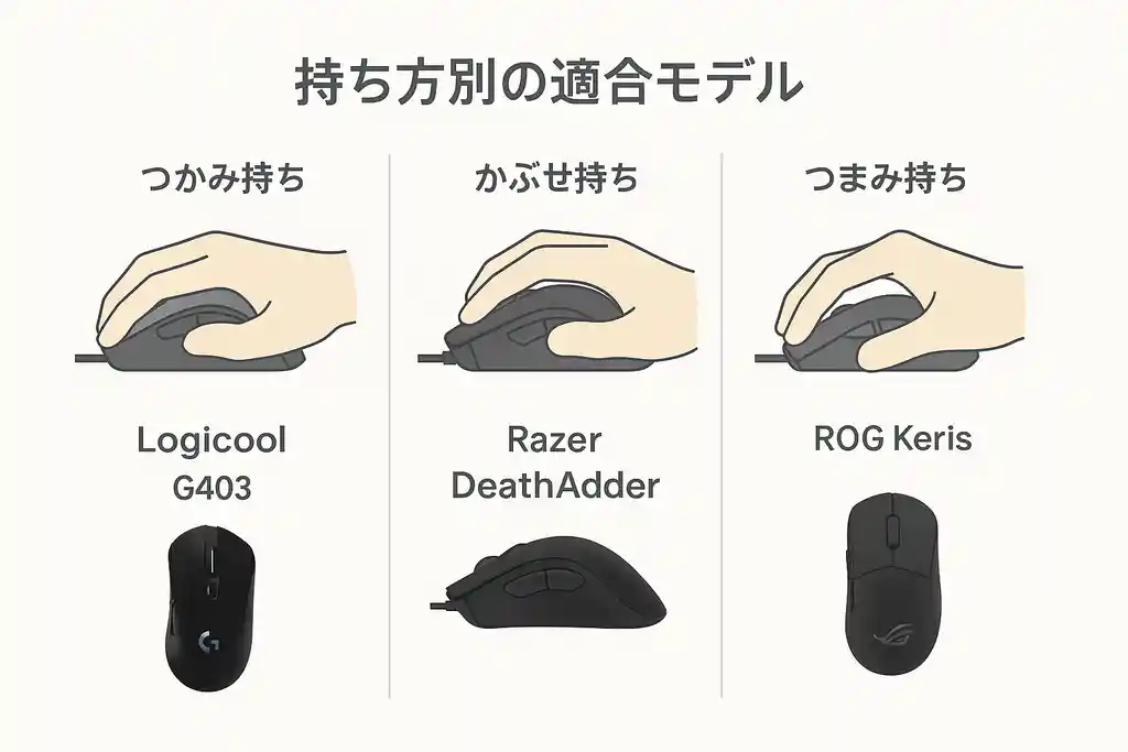 マウスの持ち方別に適したモデルを示した図。つかみ持ちにはLogicool G403、かぶせ持ちにはRazer DeathAdder、つまみ持ちにはROG Kerisを例示。